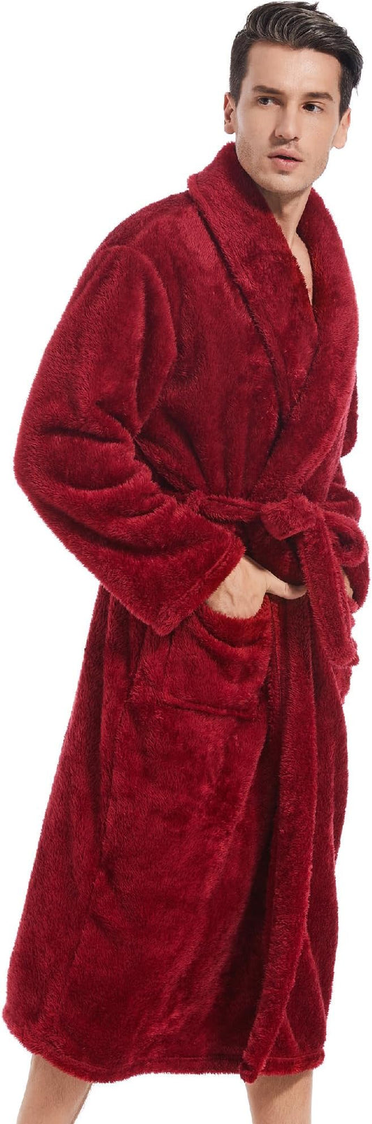 Inner Wish Mens Plush Fleece Robe, Cozy Warm Bathrobe Fuzzy Male Spa Long Robe With Pockets (DARK GREY)