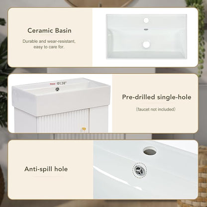 Harper & Bright Designs 21.6" Bathroom Vanity with Sink, Wall-Mounted Single Basin Vanity Set with Cabinet & Two-Tier Right Side Storage Shelf, Storage Cabinet with Ceramic Basin for Bathroom, White