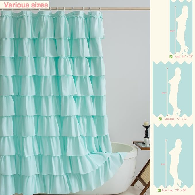 Teal Ruffle Shower Curtain, Elegant Boho Bathroom Decor, Extra Long Textured Fabric, Rustic Farmhouse Style, Chic Girly Aqua Curtains, Privacy & Decorative Design, 36 x 72 inch