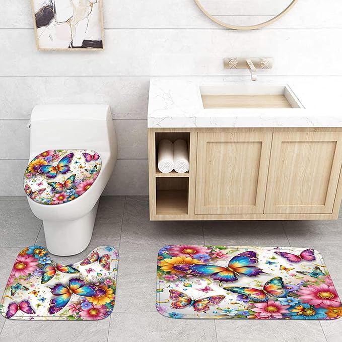 Chrainy 4pcs Colorful Butterfly Shower Cutain Set Bathroom Decor with Rugs | Bath Accessories with Waterproof Curtain, Bath Mat, Toilet Lid Cover, U-Shaped Rug and 12 Hooks for Washroom, 71*71in