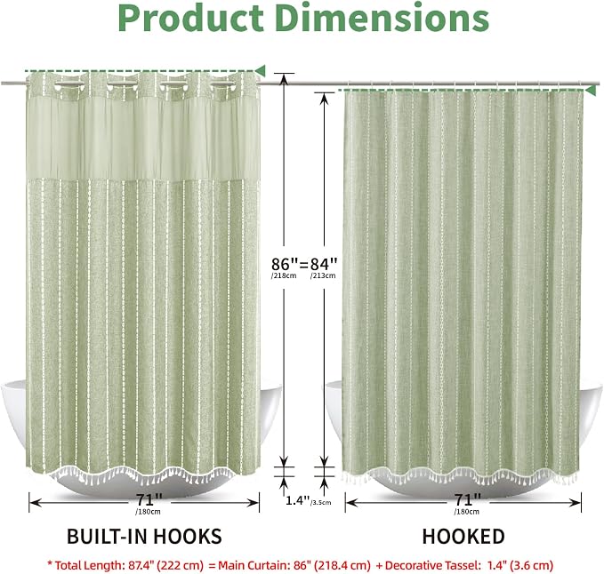 eachope No Hook Extra Long Shower Curtain Set with Snap-in Liner,Linen Textured Thick Striped Fabric with Tassels,Boho Chic Modern Farmhouse Bathroom Curtain,Water-Repellent,Sage Green,71x86 | 330GSM Thick Linen Textured Striped Fabric with Tassels,Sna...
