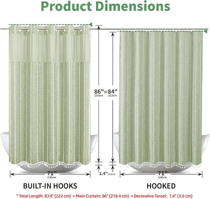 eachope No Hook Extra Long Shower Curtain Set with Snap-in Liner,Linen Textured Thick Striped Fabric with Tassels,Boho Chic Modern Farmhouse Bathroom Curtain,Water-Repellent,Sage Green,71x86 | 330GSM Thick Linen Textured Striped Fabric with Tassels,Sna...