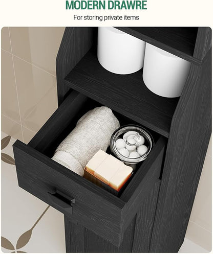 Bathroom Storage Cabinet, Narrow Tall Bathroom Cabinet, Freestanding Floor Cabinets with 2 Doors and 1 Drawer, Toilets Organizer with Adjustable Shelf, 1 Hook for Small Spaces, Black