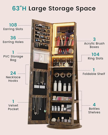 Vlsrka 360° Swivel Mirror Jewelry Cabinet, Lockable Jewelry Armoire, Brown | Standing Jewelry Cabinet with Lights, Framelss Mirror with Storage, Foldable Makeup Shelf, Interior Mirror, Gift for Women