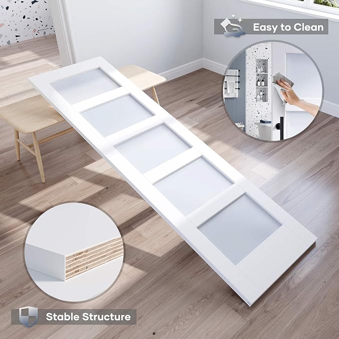 28x80 Inch Glass Sliding Barn Door Slab and 5ft Hardware Kit Included, 5 Frosted Glass, LVL Wood Panel Covered with White Water-Proof Scratch-Proof PVC Surface, Simple DIY Assembly