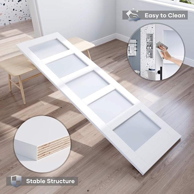 30x84 Inch Glass Sliding Barn Door Slab and 5.5ft Hardware Kit Included, 5 Frosted Glass, LVL Wood Panel Covered with White Water-Proof Scratch-Proof PVC Surface, Simple DIY Assembly