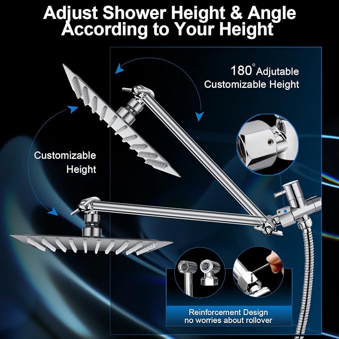 Shower Head Combo,10" High Pressure with 11" Extension Arm 5 Spray Handheld | Rain Shower Head with Handheld Shower Head Combo,Powerful Shower Spray Against Low Pressure Water with Long Hose