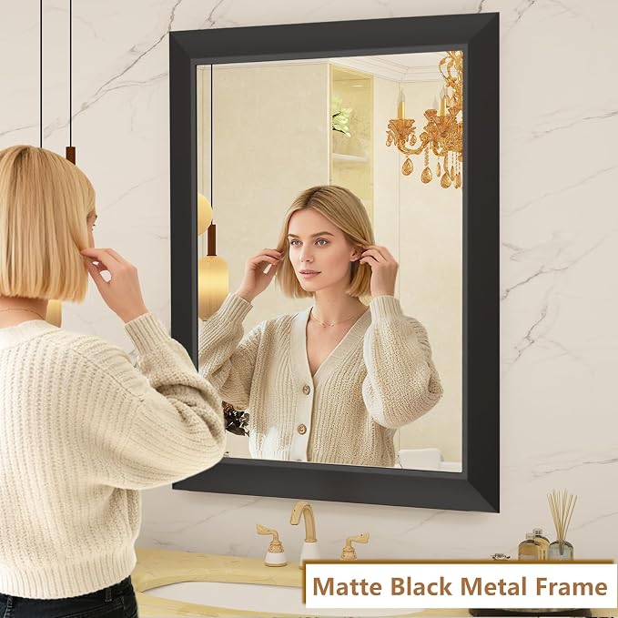 SMIROR 40x38 Matte Black Bathroom Vanity Mirror for Over Sink | Metal Wide Frame, Rectangle, Right- Angle Corner, Anti-Rust, Horizontally or Vertically Wall- Mounted for Home Remodel