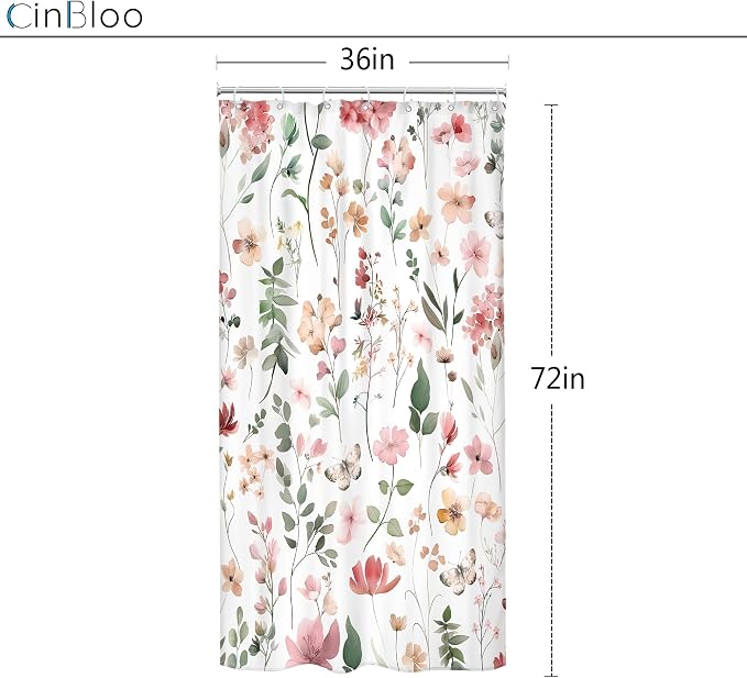 Small Stall Pink Floral Women Girls Coral Leaf Bathroom Shower Curtain Set | 36"W x 72"H Watercolor Wildflower; waterproof HD print, quick-dry fabric and plastic hooks for easy setup.