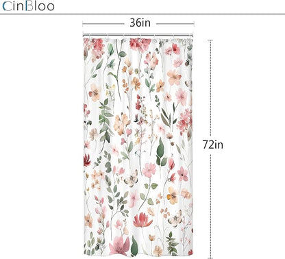 Small Stall Pink Floral Women Girls Coral Leaf Bathroom Shower Curtain Set | 36"W x 72"H Watercolor Wildflower; waterproof HD print, quick-dry fabric and plastic hooks for easy setup.