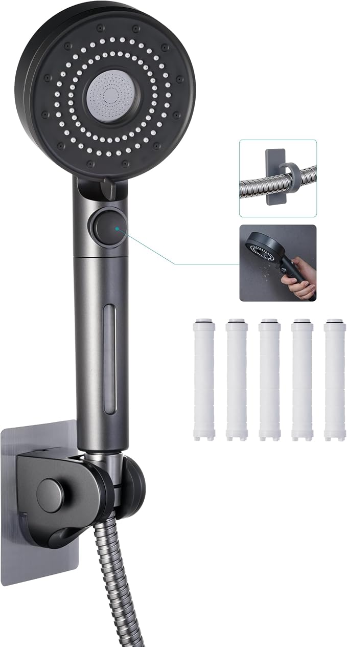 Handheld Filter RV Shower Head with ON OFF Switch | 5 Mode High Pressure Spray,for RV,Camper,Bathroom,Stainless Steel Shower Hose,No Drilling Wall Mount Adhesive Shower Holder
