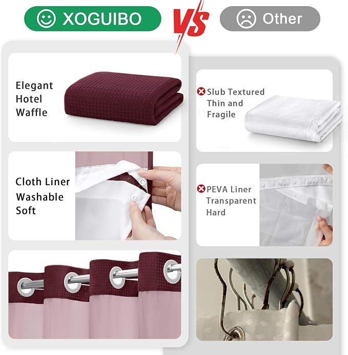 No Hook Shower Curtain and Liner Set,Burgundy Hotel Waffle Shower Curtain with Liner 75" L x 72" W