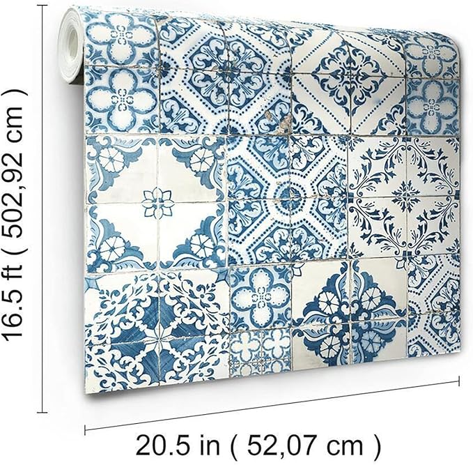 RoomMates RMK11083WP Blue Mediterranian Tile Peel and Stick Wallpaper 20.5" x 16.5 feet