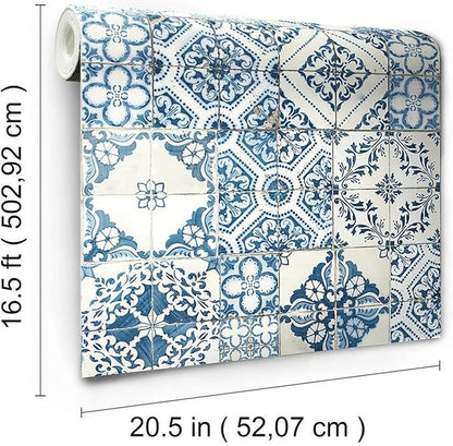 RoomMates RMK11083WP Blue Mediterranian Tile Peel and Stick Wallpaper 20.5" x 16.5 feet