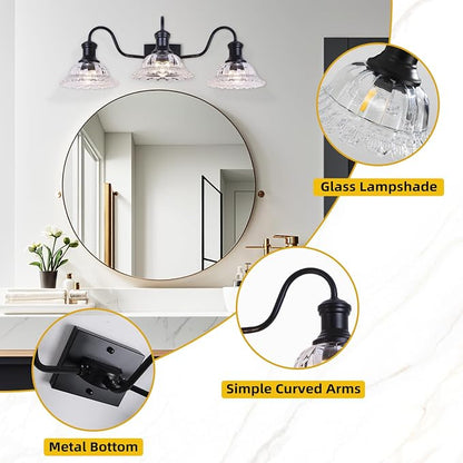 Vintage Bathroom Light Fixtures, 3-Light Matte Black Vanity Light with Flower Glass Shade, Bathroom Lighting Fixtures Over Mirror for Bedroom, Dressing Table