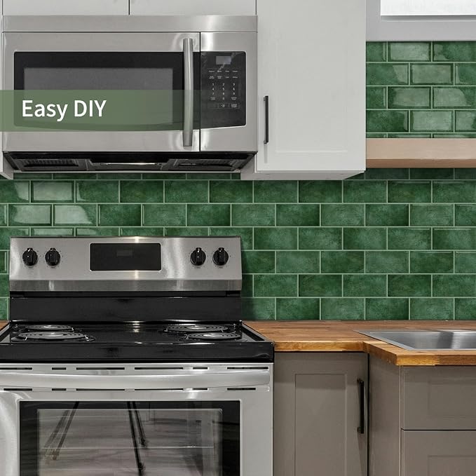 10-Sheet Thick Peel and Stick Kitchen Backsplash Tiles | 3D Subway Waterproof Self-Adhesive Wall Tile Stick on Backsplash for Kitchen and Bathroom(Light Green,12.6"×10.6")