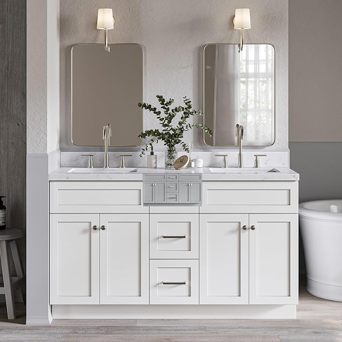 ARIEL Hamlet 60-inch Bathroom Vanity with Sink,Solid Wood, 1.5-inch Carrara White Quartz Countertop & Backsplash, Double Rectangular Porcelain Sink, 4 Soft Closing Doors, 3 Dovetail Drawers, Grey