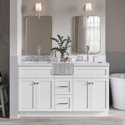 ARIEL Hamlet 60-inch Bathroom Vanity with Sink,Solid Wood, 1.5-inch Carrara White Quartz Countertop & Backsplash, Double Rectangular Porcelain Sink, 4 Soft Closing Doors, 3 Dovetail Drawers, Grey