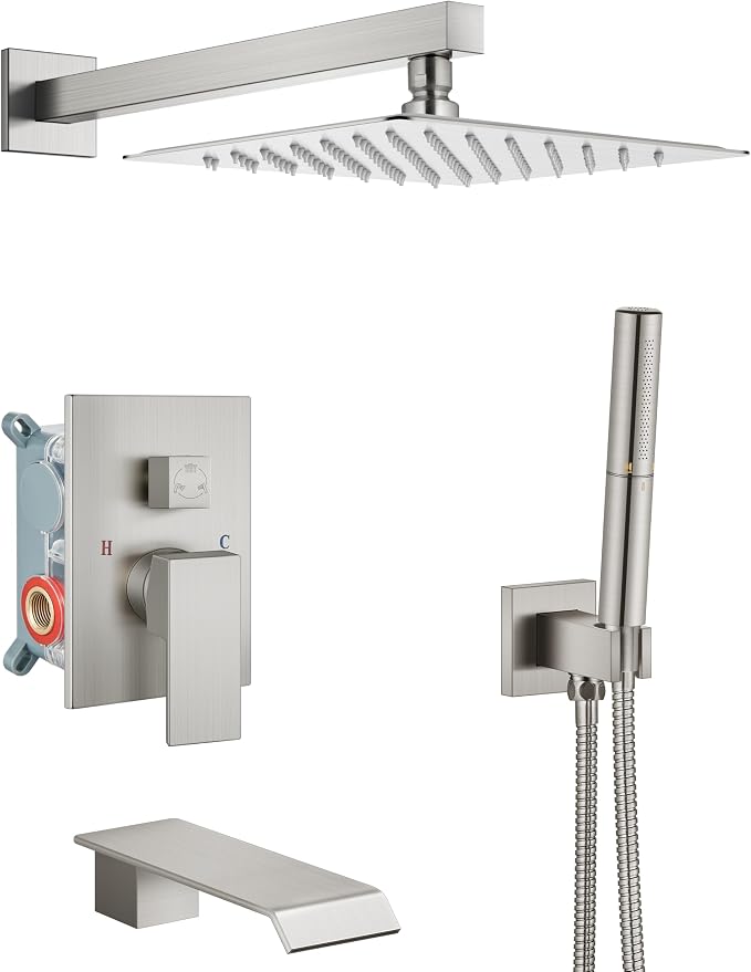 Aolemi Shower System with Tub Spout and Valve Brushed Nickel | 10-Inch Square Wall Mounted Rainfall Shower Head and Handheld,3-Function Bathtub Shower Faucet Set