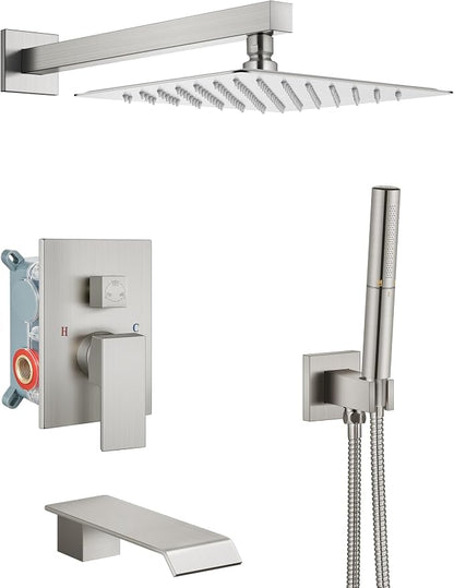 Aolemi Shower System with Tub Spout and Valve Brushed Nickel | 10-Inch Square Wall Mounted Rainfall Shower Head and Handheld,3-Function Bathtub Shower Faucet Set