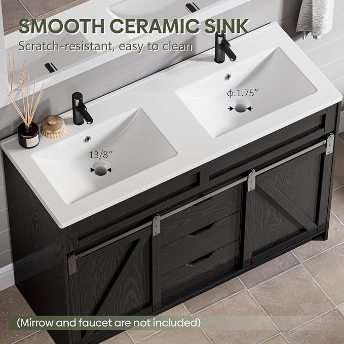 48 Inch Bathroom Vanity with Double Sink Combo, Farmhouse Bathroom Cabinet Set with Sliding Barn Door & 3 Drawers, Freestanding Bath Vanities, Black