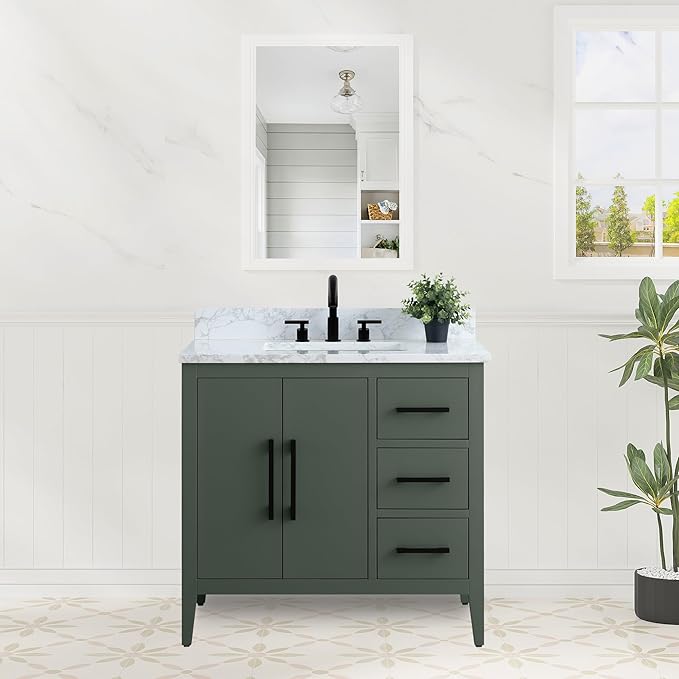 HomeBeyond 36 Inch Bathroom Vanity with Sink & Ceramic Top, Single Vanity Cabinet with Basin, Soft-Closing Doors & Matte Black Hardware, Vintage Green