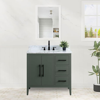 HomeBeyond 36 Inch Bathroom Vanity with Sink & Ceramic Top, Single Vanity Cabinet with Basin, Soft-Closing Doors & Matte Black Hardware, Vintage Green