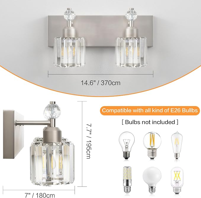 PRESDE 2-Light Crystal Bathroom Vanity Light, Brushed Nickel Modern Bath Lighting Fixture Over Mirror, Wall Sconce Lamp