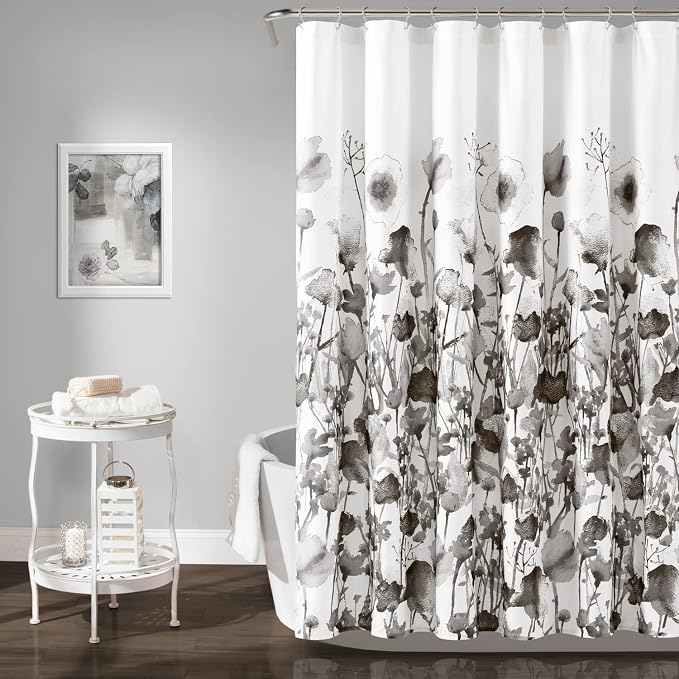 Lush Decor Zuri Flora Shower Curtain Single 72" W x 72" L White & Black - Floral Shower Curtains for Bathroom - Black Bathroom Curtain - Cottage Decor