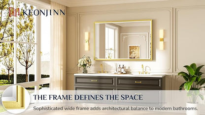 Keonjinn 55" x 36" Gold Bathroom Vanity Mirror, Aluminum Alloy Frame, Large | Safe HD Tempered Glass, Effortless French Cleat Installation, Shatterproof, Gold Vanity Mirror for Over Sink, Dinning Room