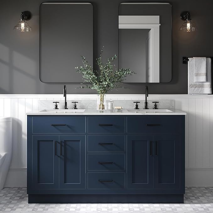 ARIEL Hepburn 60-inch Bathroom Vanity with Sink,Solid Wood, 0.75-inch Italian Carrara Marble Countertop, Double Rectangular Porcelain Sink, 4 Soft Closing Doors, 6 Dovetail Drawers, Midnight Blue