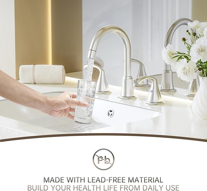 Phiestina 8 Inch Brushed Nickel Antique Rotatable Widespread Bathroom Faucet - Pull-Out Sprayer, Metal Pop-Up Drain, Water Supply Lines, 2 Handles for 3-Hole Sinks,WFJC180CL-BN