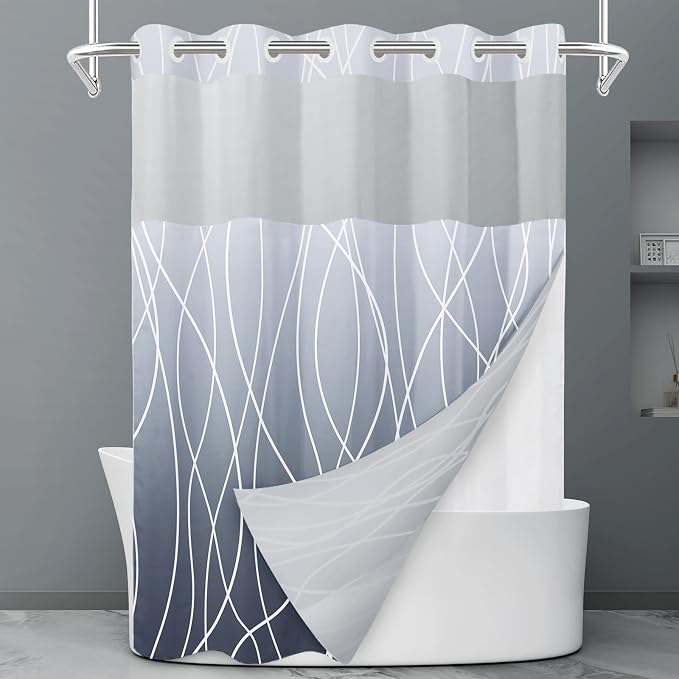LXBNI No Hook Shower Curtain with Snap-in Liner, Waterproof & Washable Polyester Fabric, Abstract Line Pattern, Hotel Style Modern Shower Curtains for Bathroom, 71x77 Inches,Ombre Blue