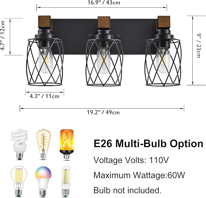 Farmhouse 3-Light Wood Bathroom Vanity Light, Black Metal Cage Shade | Mounted Over Mirror, Industrial Rustic Style, Ideal for Bathroom, Bedroom, Hallway & Living Room, Easy To Install