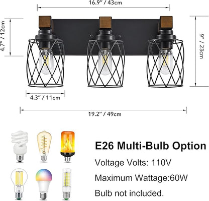 Farmhouse 3-Light Wood Bathroom Vanity Light, Black Metal Cage Shade | Mounted Over Mirror, Industrial Rustic Style, Ideal for Bathroom, Bedroom, Hallway & Living Room, Easy To Install