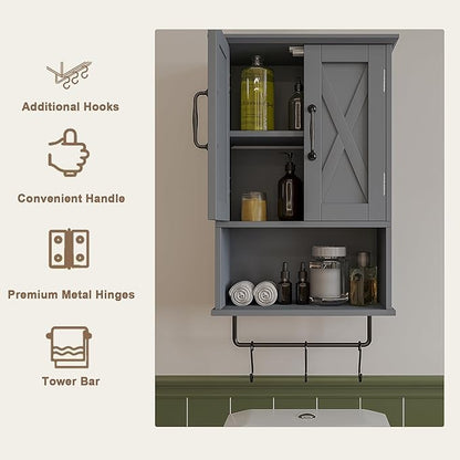 ChooChoo Farmhouse Medicine Cabinet, Bathroom Wall Cabinet with Adjustable Shelf, Towel Bar, 3 Hooks, Over The Toilet Storage Cabinet for Bathroom, Kitchen, Grey