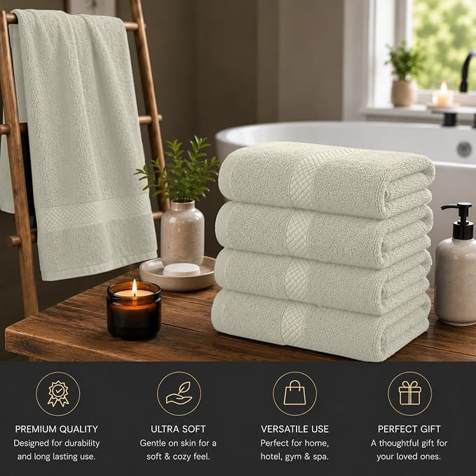 DAN RIVER 600 GSM Cotton Large Bath Towels Set of 4, 27 x 54 Inches, Ivory | Larger & Lighter Weight Towels for Bathroom - Highly Absorbent & Quick Dry 100% Cotton Bath Towel Set for Home, Spa & Hotel