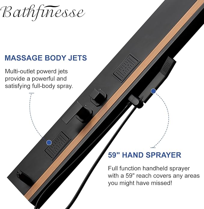 Shower Wall Panels Bathroom Shower Panel Tower System Multifunction Bamboo Wood and Stainless Steel Body Spray Jets Rainfall Waterfall Head with Handheld Wand and Tub Spout Wall Mount