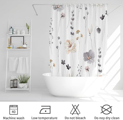 Charcoal Grey Watercolor Floral Fabric Shower Curtain, 72x72 | Waterproof Fabric, Modern Minimalist Floral Print, Machine Washable, Rustproof Grommets, Fade Resistant, for Bath Home RV