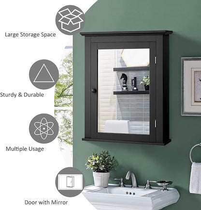 Tangkula Bathroom Cabinet with Mirror, Mirrored Wall-Mounted Storage Medicine Cabinet w/Single Door & Adjustable Shelf in 5 Positions, Multipurpose Wall Cabinet for Bathroom (Black)