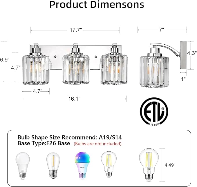 3 Lights Crystal Bathroom Vanity Light Modern Chrome Bathroom Light Fixture Bathroom Lighting Fixtures Over Mirror for Mirror E26 Base