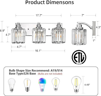 3 Lights Crystal Bathroom Vanity Light Modern Chrome Bathroom Light Fixture Bathroom Lighting Fixtures Over Mirror for Mirror E26 Base