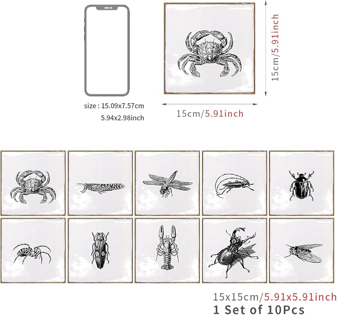Alwayspon Vinyl Sticker Peel and Stick, Self-Adhesive Wall Tile Transfers Backsplash Sticker Decal for Kitchen Bathroom, 6x6inch/15x15cm 10Pcs, Insects T035