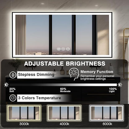 EchosLife 72x32 LED Bathroom Vanity Mirror - Black Aluminum Framed | Black Frame, Front and Backlit, Anti-Fog, Stepless Dimmable, 3 Colors, Memory, Tempered Glass, UL Listed, Horizontal/Vertical
