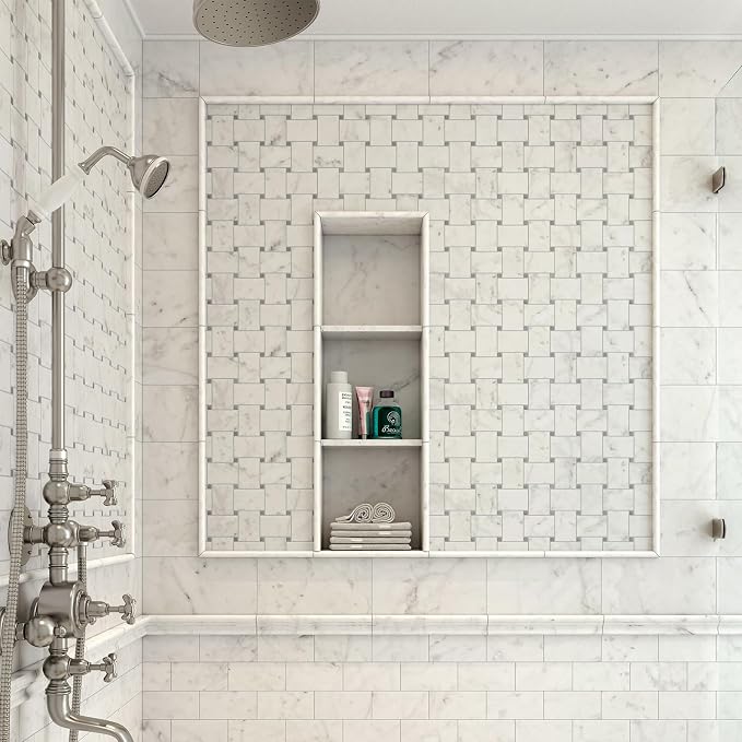 Carrara White 12 Pack of 3/5''x12'' Marble Pencil Liner Tile, Edge Trim Molding for Shower, Polished Bullnose Tile Trim for Kitchen and Bathroom Backsplash