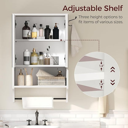 Bathroom Wall Cabinet with Mirror, Medicine Cabinet with 2 Door and Adjustable Shelf, Wall Mounted Over The Toilet Storage Cabinet with Towel Bar for Bathroom Laundry Room Kitchen, White