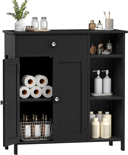 Black Bathroom Floor Cabinet with Large Drawer, Floor Storage Cabinet with Doors & Adjustable Shelves, Modern Storage Cupboard with 3 Open Shelves for Kitchen, Living Room, Entryway