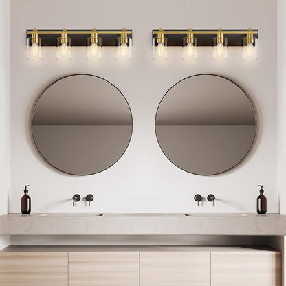 4-Light 30inch Black and Gold Vanity Light, Thickened Clear Glass | Over Mirror for Bathroom, Rust Resistant, E26 Base, Easy Install, Removable Glass Shade Horizontal Mount, Dimmable