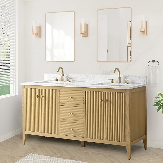 HOMEBEYOND 60" Bathroom Vanity with Double Sink, Solid Wood Bathroom Vanity Free-Standing Cabinet, Ceramic Top & Soft Closing Door, Golden Brushed Handware, Natural Oak