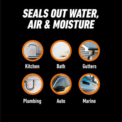 Gorilla 100% Silicone Caulk, Kitchen & Bath Sealant, White, 10 oz Cartridge | Mold & Mildew Resistant, 100% Waterproof Seal, 30-Minute Water-Ready, Flexible and Durable